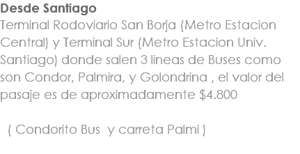 Desde Santiago Terminal Rodoviario San Borja (Metro Estacion Central) y Terminal Sur (Metro Estacion Univ. Santiago) donde salen 3 lineas de Buses como son Condor, Palmira, y Golondrina , el valor del pasaje es de aproximadamente $4.800 ( Condorito Bus y carreta Palmi ) 